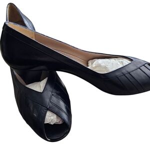 Frank More Black Leather Peep Toe Heels Size 8 Vintage Cone Heel